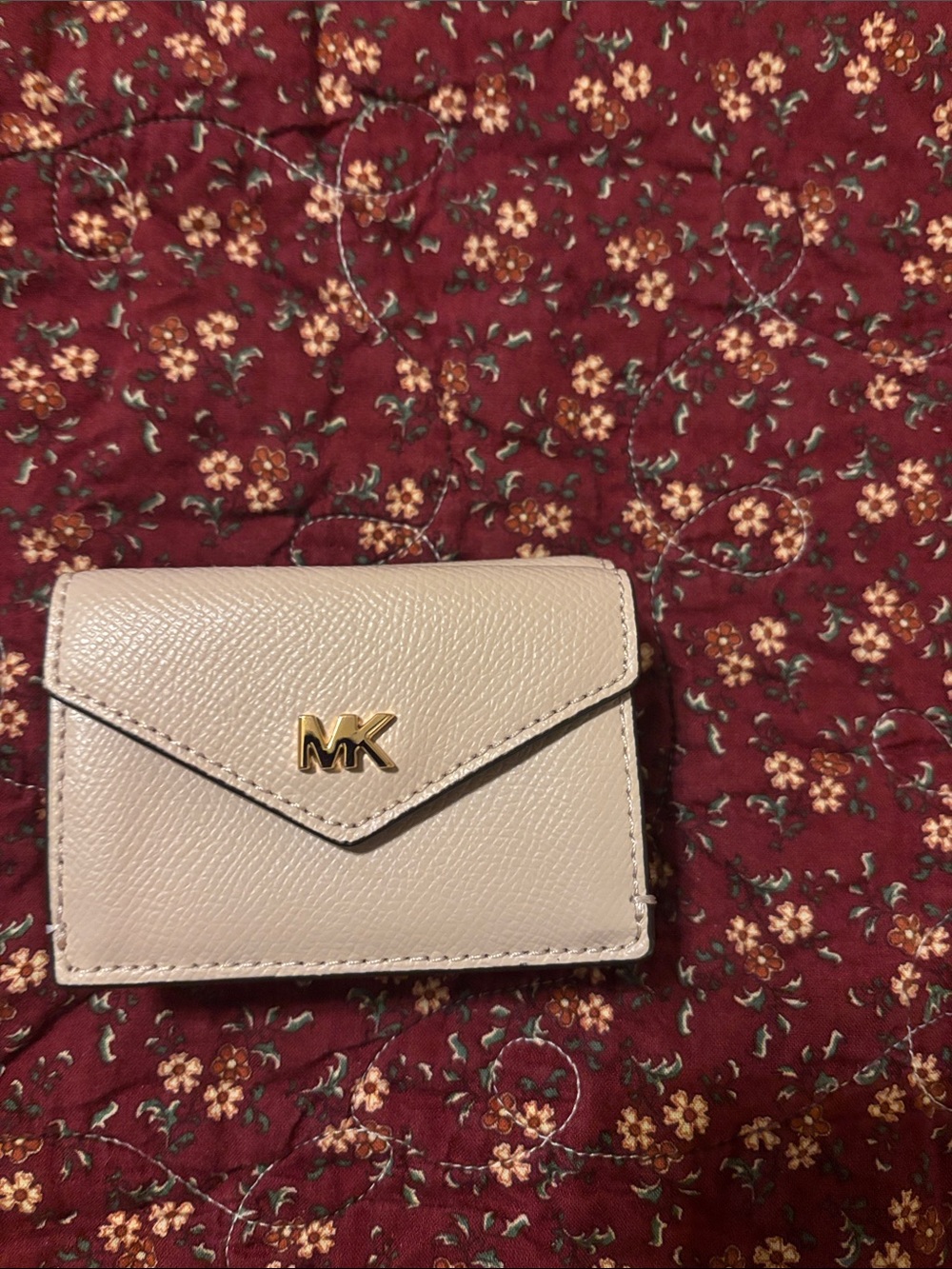 Michael Kors Cream Pebbled Leather Envelope Card Wallet with Gold MK Logo